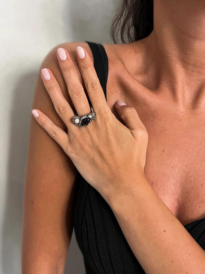 Garnet & Pearl Silver Ring